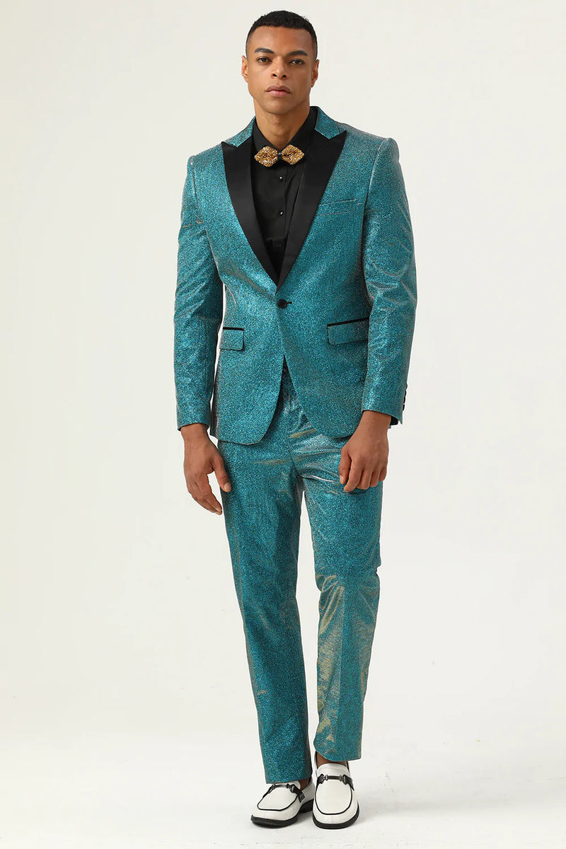 Load image into Gallery viewer, Glitter Peacock Blue Peak Lapel 2 Piece Men&#39;s Suits