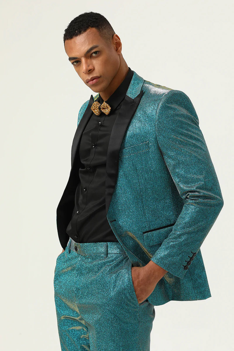 Load image into Gallery viewer, Glitter Peacock Blue Peak Lapel 2 Piece Men&#39;s Suits