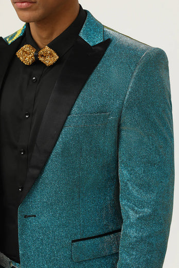 Glitter Peacock Blue Peak Lapel 2 Piece Men's Suits