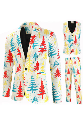 White Christmas Tree Printed 3 Piece Men's Suits