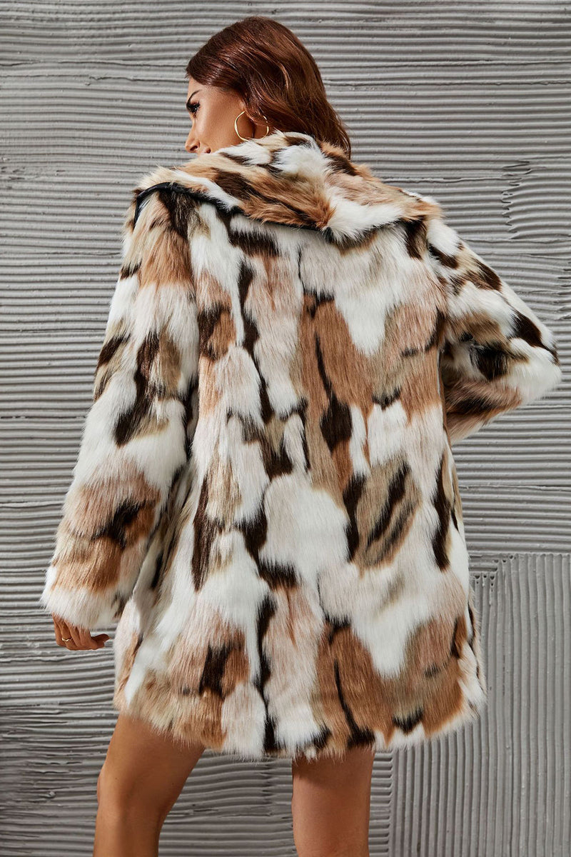 Load image into Gallery viewer, White and Brown Shawl Lapel Midi Faux Fur Shearling Coat