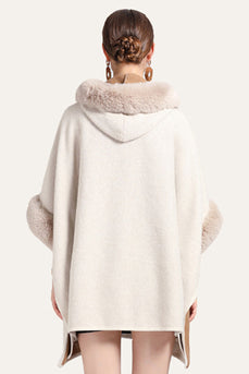 Camel Patchwork Oversized Faux Fur Trim Cape Coat