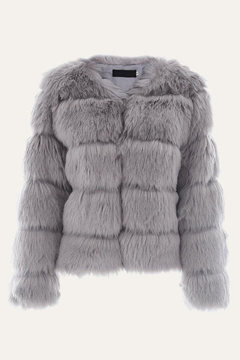 Grey Fluffy Cropeed Shawl Lapel Faux Fur Shearling Coat