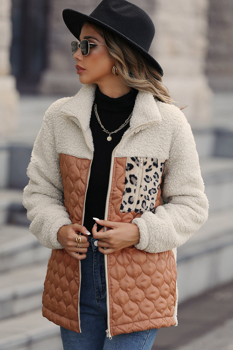 Load image into Gallery viewer, Coffee Patchwork Zipper Leopard Jacket
