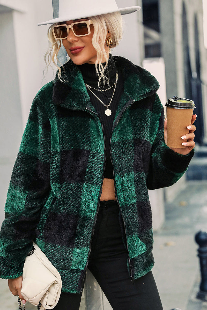 Load image into Gallery viewer, Green Plaid Zipper Fuzzy Jacket Winter Coat