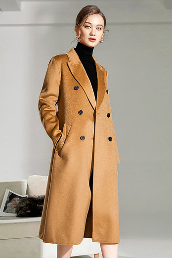 Camel Wool Double Breasted Notched Lapel Long Coat with Belt