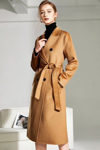 Camel Wool Double Breasted Notched Lapel Long Coat with Belt