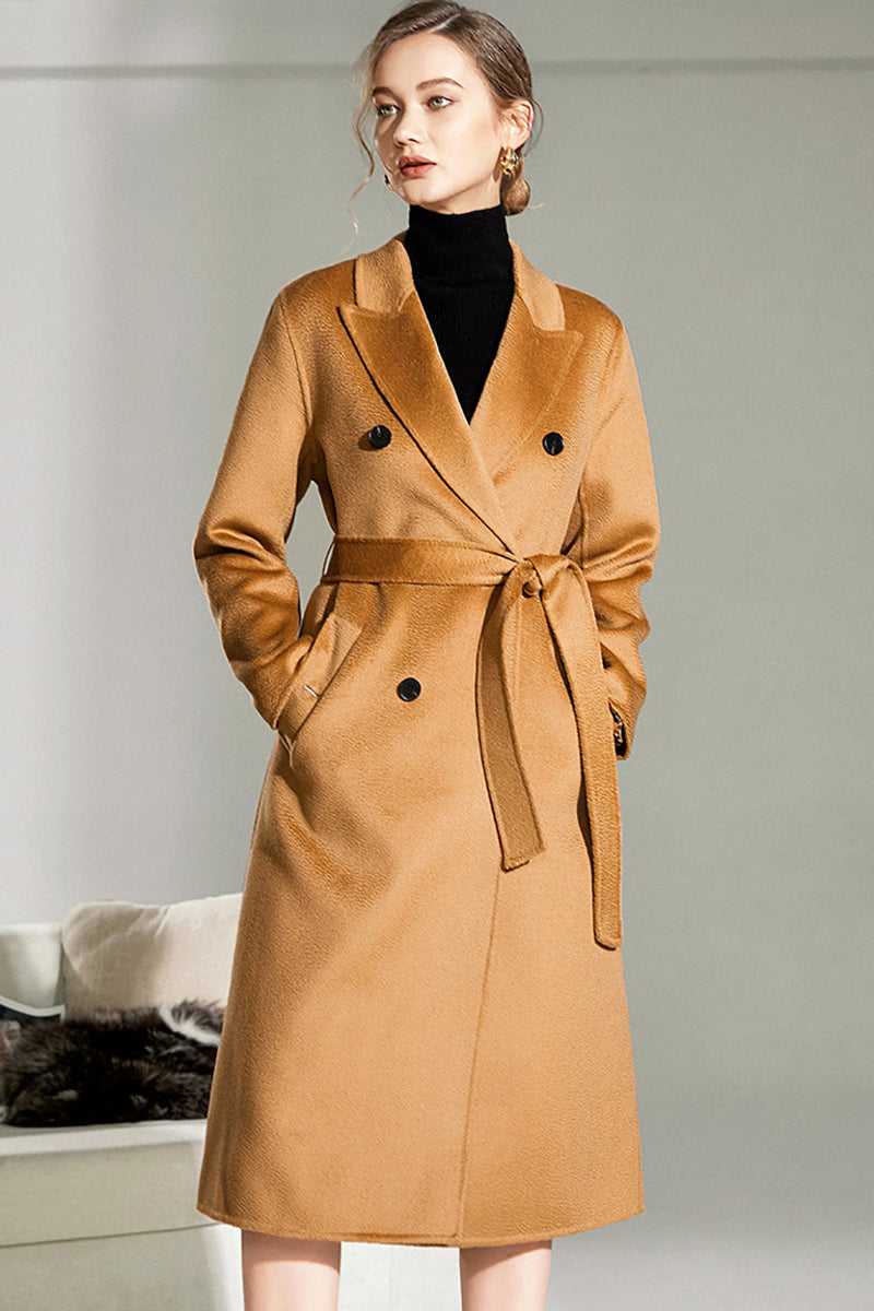 Load image into Gallery viewer, Camel Wool Double Breasted Notched Lapel Long Coat with Belt