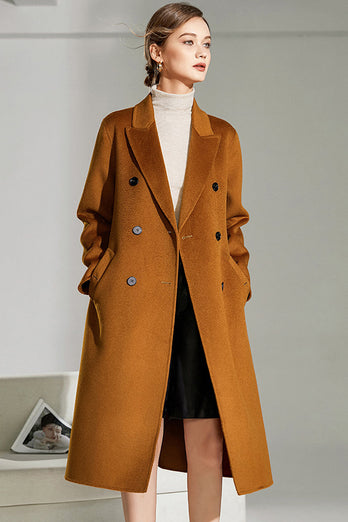 Camel Wool Double Breasted Notched Lapel Long Coat with Belt