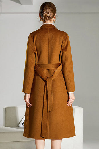 Camel Wool Double Breasted Notched Lapel Long Coat with Belt