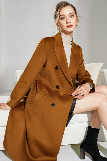 Camel Wool Double Breasted Notched Lapel Long Coat with Belt