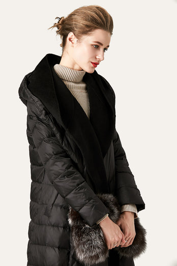 Ivory Button Quilted Puffer Jacket with Faux Fur Hood