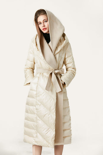 Ivory Button Quilted Puffer Jacket with Faux Fur Hood