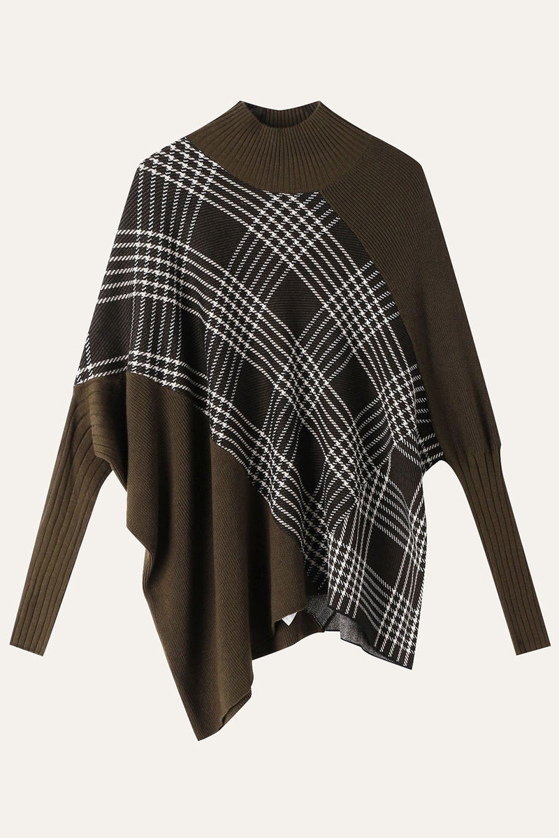 Load image into Gallery viewer, Black Plaid Mock Neck Poncho Sweater