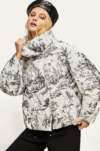 Stand-Up Collar Ink painting Warm White Duck Down Jacket