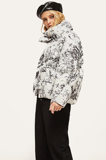 Stand-Up Collar Ink painting Warm White Duck Down Jacket