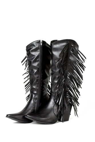 Black Zipper High Boots With Fringes