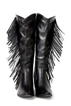 Black Zipper High Boots With Fringes