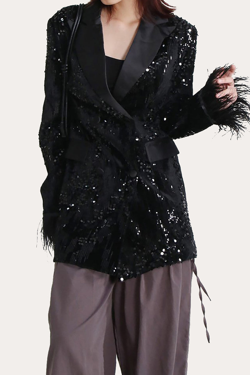 Load image into Gallery viewer, Glitter Black Sequins Women Prom Homecoming Blazer with Feathers