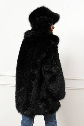Black Open Front Faux Fur Coat with Hat Set