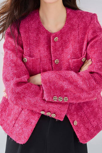 Fuchsia Shawl Lapel Button Cropped Women Coat