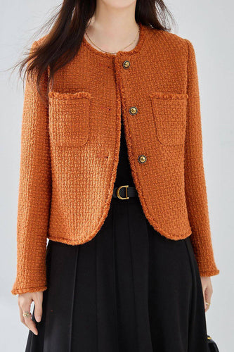 Orange Tweed Shawl Lapel Button Cropped Women Coat