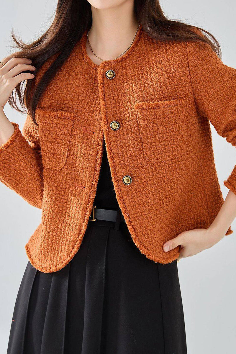 Load image into Gallery viewer, Orange Tweed Shawl Lapel Button Cropped Women Coat