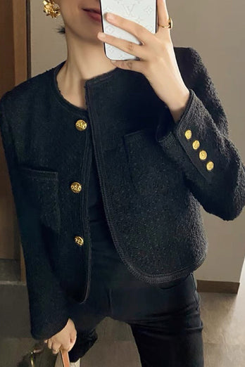 Black Tweed Shawl Lapel Cropped Women Coat