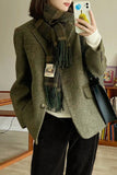 Green Notched Lapel Tweed Women Blazer