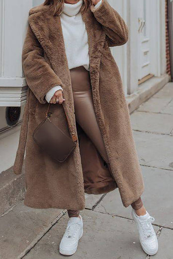 Khaki Faux Fur Shearling Long Open Front Coat with Belt