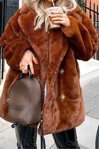 Orange Lapel Neck Open Front Faux Fur Midi Women Coat