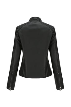 Black Zipper Front Fitted PU Women Jacket