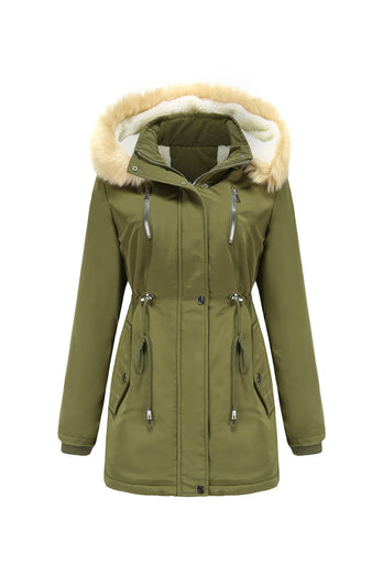 Thickened Army Green Drawstring Hooded Mid Coat