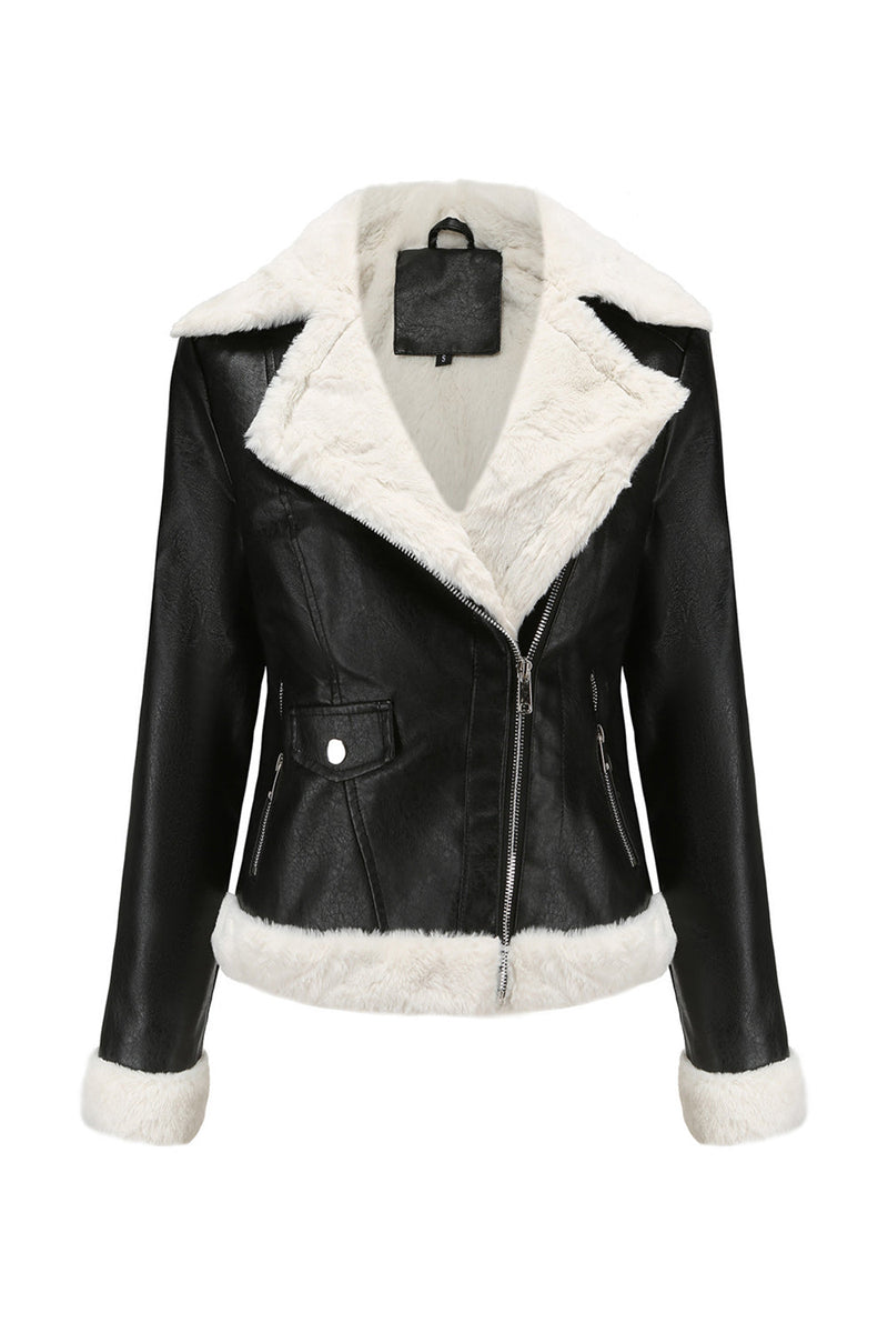 Load image into Gallery viewer, Black Fleece Zip Up Notched Lapel Short Coat
