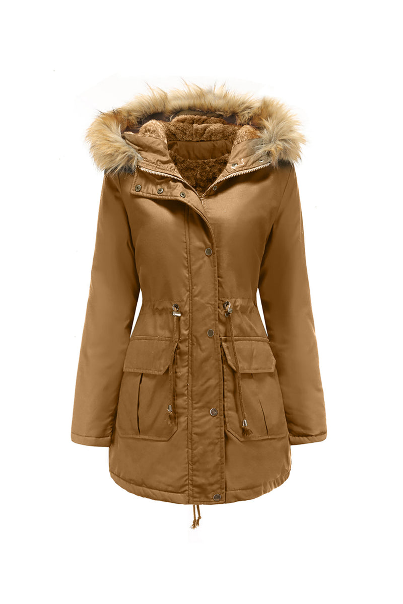 Load image into Gallery viewer, Army Green Fur Collar Drawstring Waist Thickened Mid Coat