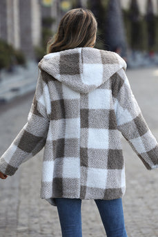 Grey Plaid Fleece Hooded Thickened Coat