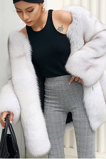 White Oversized Open Front Faux Fur Women Coat