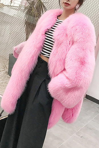Hot Pink Shawl Lapel Oversized Faux Fur Women Coat