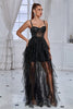 Load image into Gallery viewer, Glitter Black Corset Spaghetti Straps Long Formal Dress with Ruffles