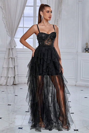 Glitter Black Corset Spaghetti Straps Long Formal Dress with Ruffles