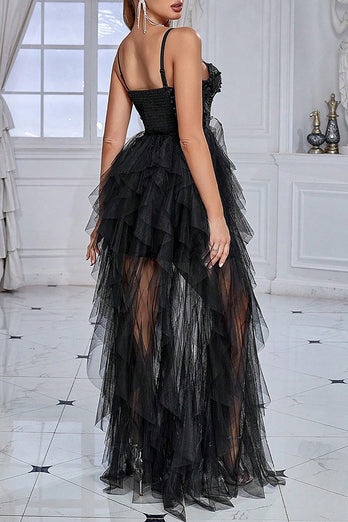 Glitter Black Corset Spaghetti Straps Long Formal Dress with Ruffles