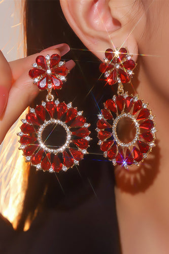Red Fashionable Rhinestone Flower Earrings
