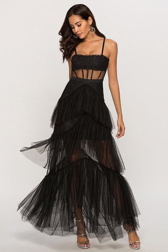 Black Corset Asymmetrical Tulle Long Prom Dress