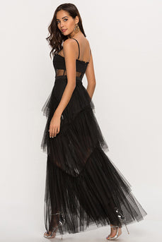 Black Corset Asymmetrical Tulle Long Prom Dress