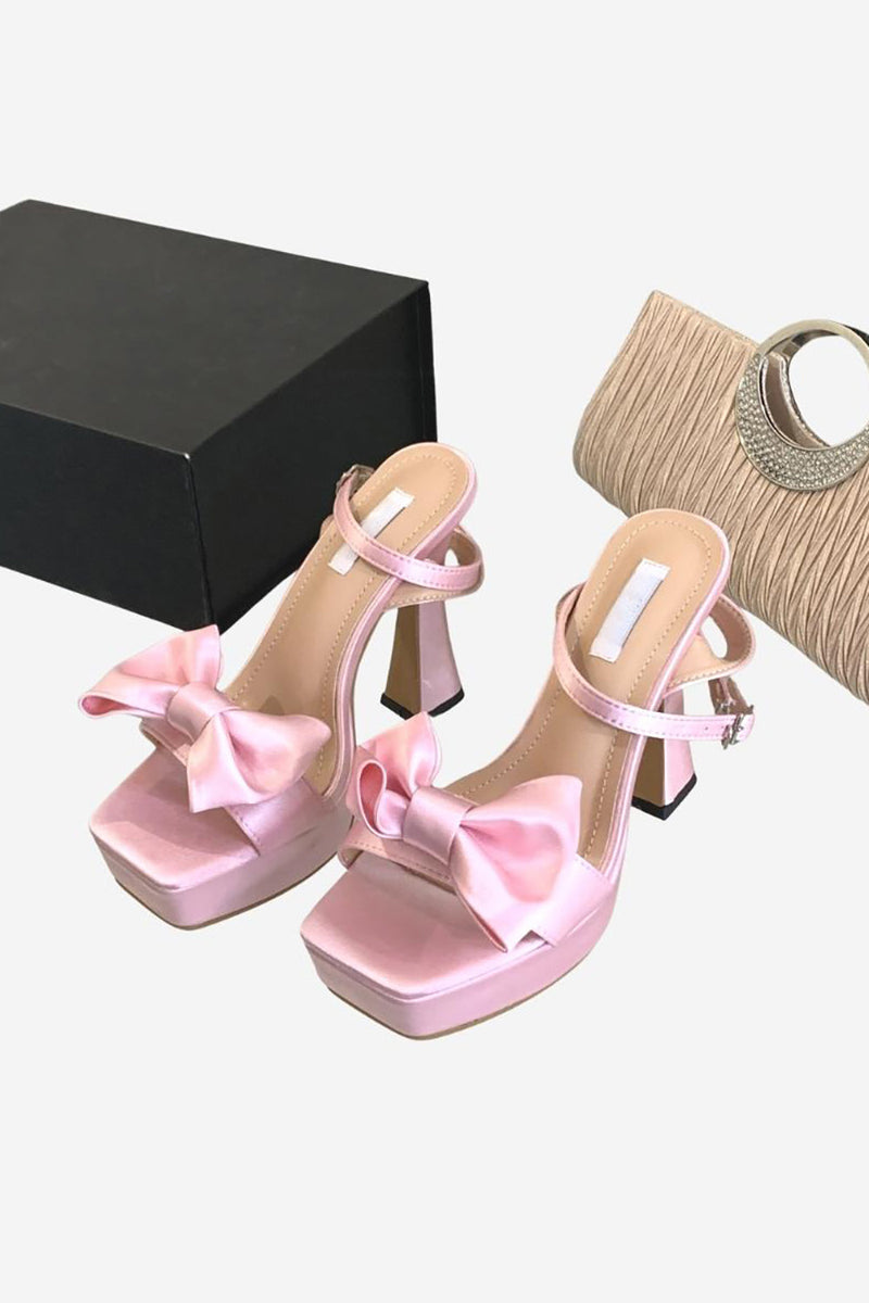 Load image into Gallery viewer, Pink Chunky High Heel Sandals with Bow