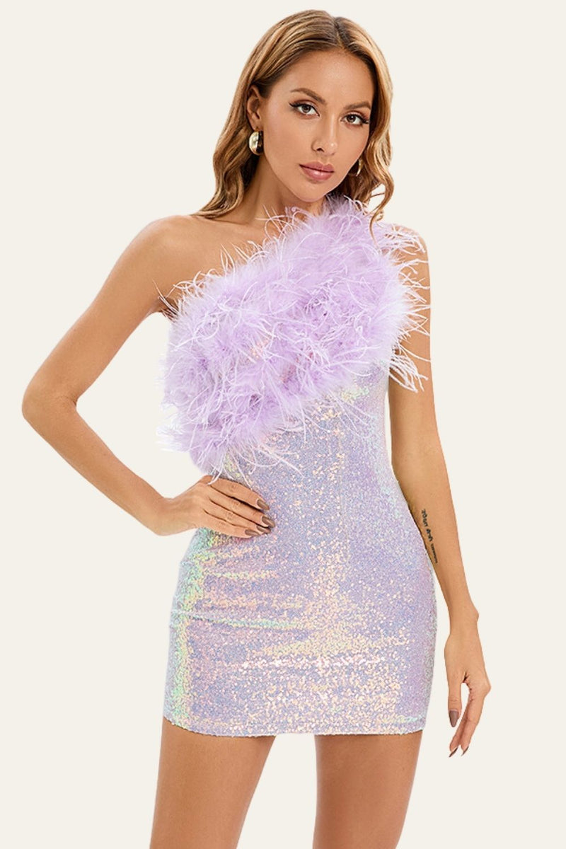 Load image into Gallery viewer, One Shoulder Sequin Feather Cocktail Dress
