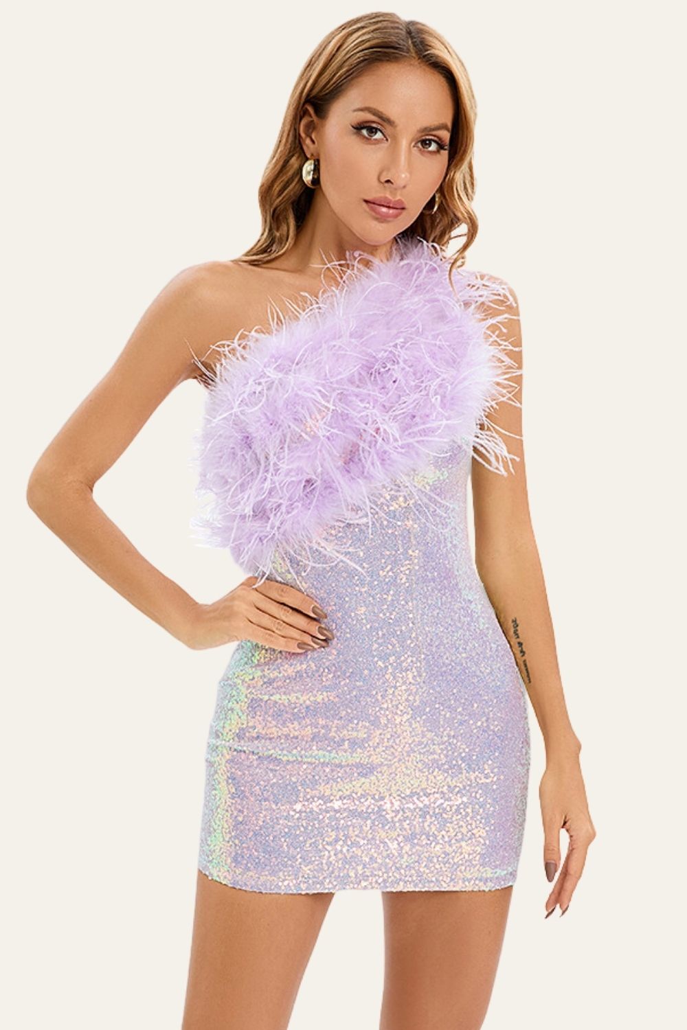 One Shoulder Sequin Feather Cocktail Dress