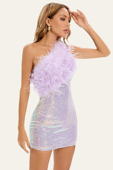 One Shoulder Sequin Feather Cocktail Dress