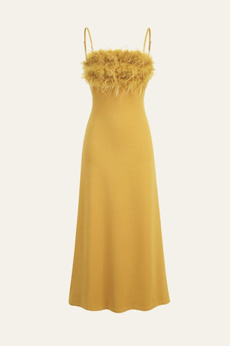 Yellow Feather Holiday Party Dress with Spaghetti Straps