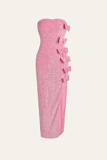 Pink Mermaid Sleeveless Backless Bow sequin Dress with Slit